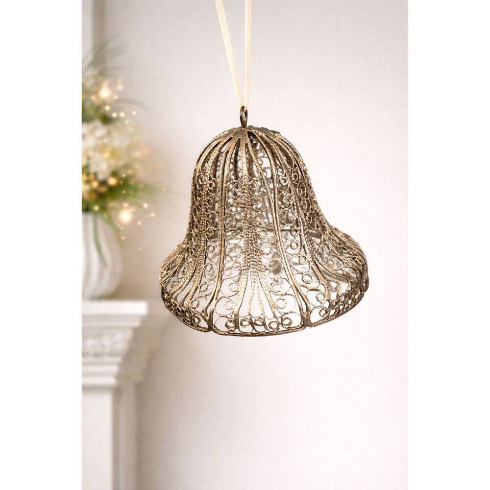 Vintage Silverplate Filigree Bell Ornament With Crystal Clapper 2.25" Holiday De - Picture 1 of 7